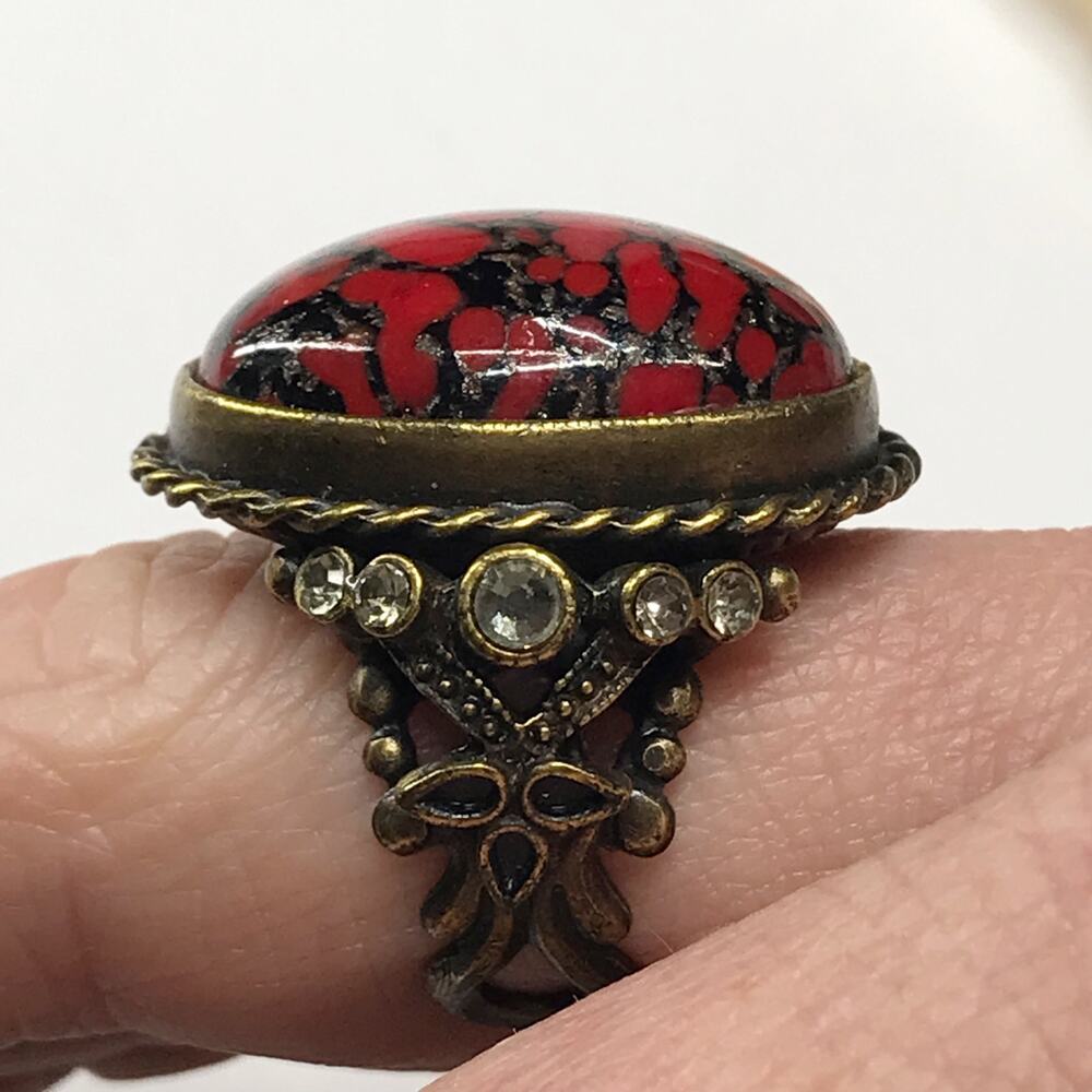 Ollipop USA Vintage Cocktail Chunky Large Ring Adjustable Red Black Stone Brass - Picture 9 of 15